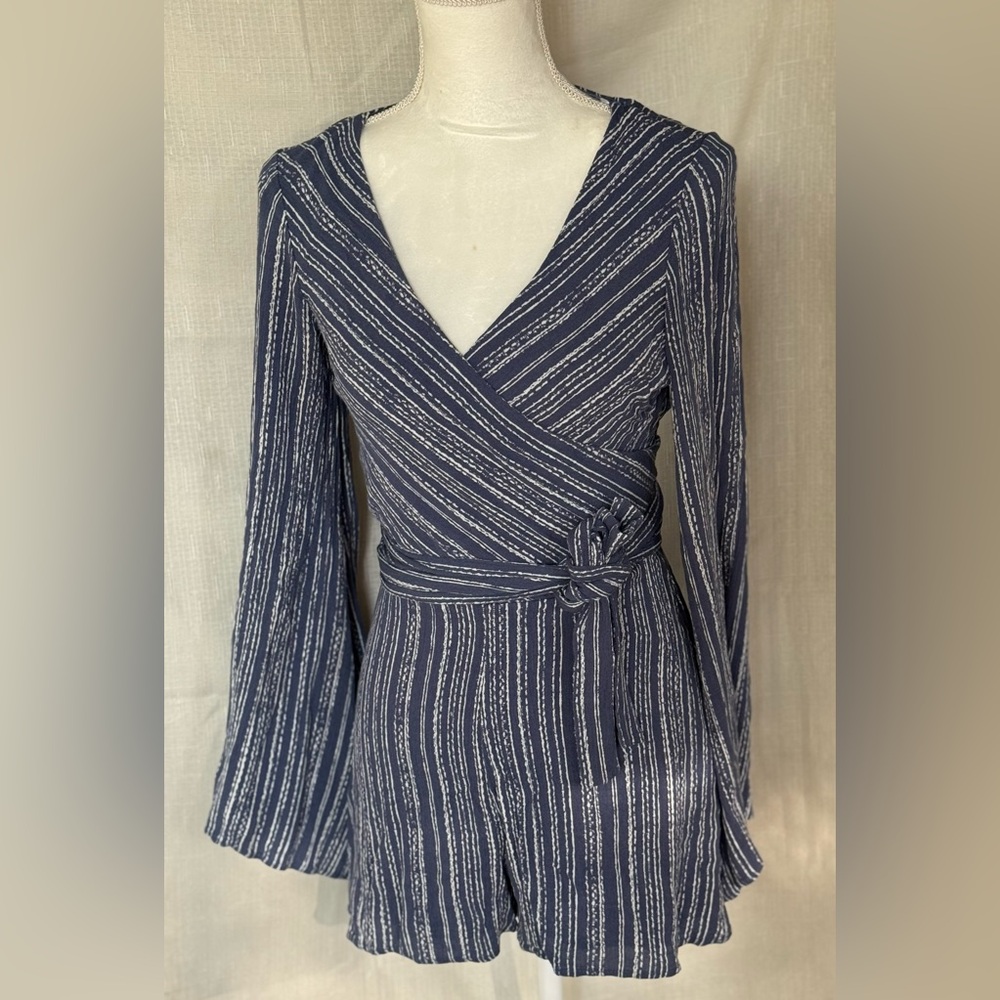 Striped Blue Wrap Romper Euc - image 1